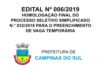 HOMOLOGAÇÃO FINAL DO PROCESSO SELETIVO SIMPLIFICADO N° 032/2018 PARA O PREENCHIMENTO DE VAGA TEMPORÁRIA