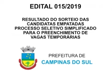 EDITAL 015/2019 - RESULTADO DO SORTEIO DAS CANDIDATAS EMPATADAS NO PROCESSO SELETIVO SIMPLIFICADO Nº 007/2019