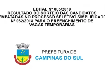 EDITAL Nº 005/2019 – RESULTADO DO SORTEIO DAS CANDIDATOS EMPATADAS NO PROCESSO SELETIVO SIMPLIFICADO Nº 032/2018 PARA O PREENCHIMENTO DE VAGAS TEMPORÁRIAS
