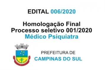 EDITAL 006/2020 DO PROCESSO SELETIVO SIMPLIFICADO 001/2020 - Médico Psiquiatra