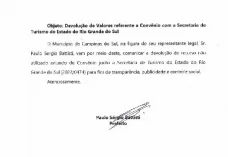 DEVOLUÇÃO DE VALORES REFERENTE A CONVÊNIO COM A SECRETARIA DE TURISMO DO ESTADO DO RIO GRANDE DO SUL